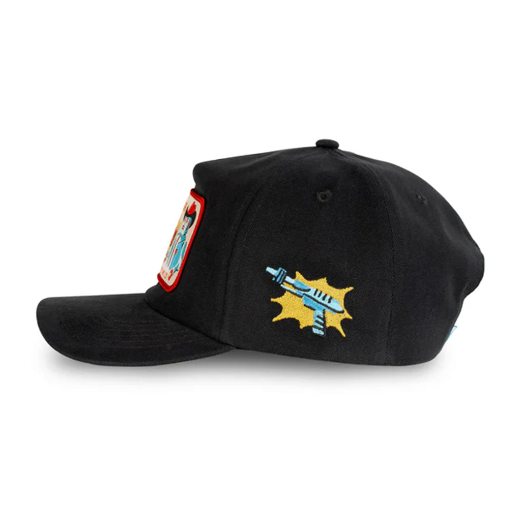 Black cap with colorful designs on a white background