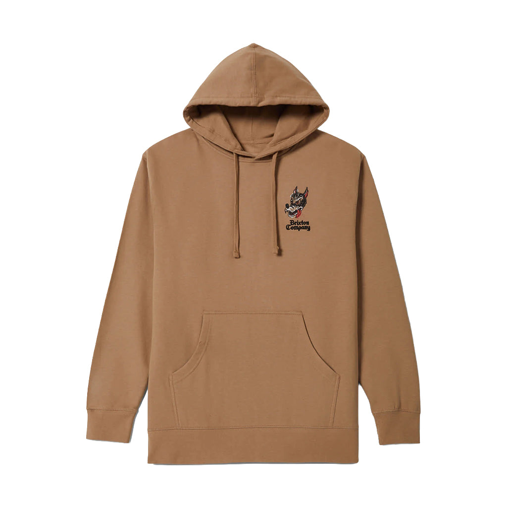 Brown hoodie with a logo on the chest against a white background