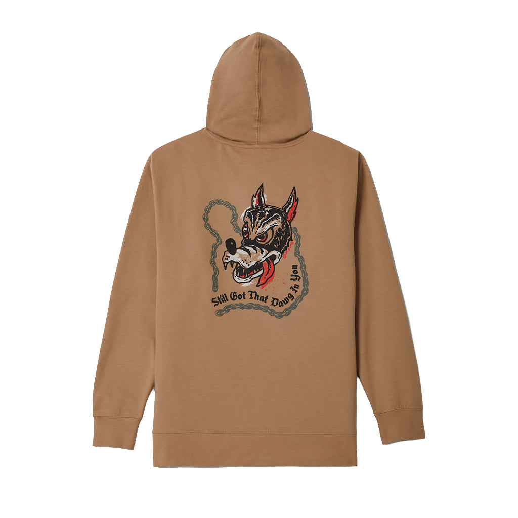 Brown hoodie with a graphic design on the back against a white background