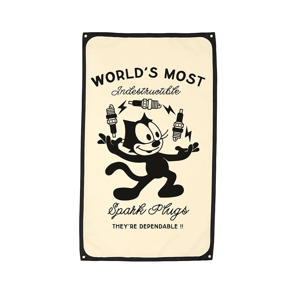 Vintage-style sign with cartoon cat and text about spark plugs on a beige background