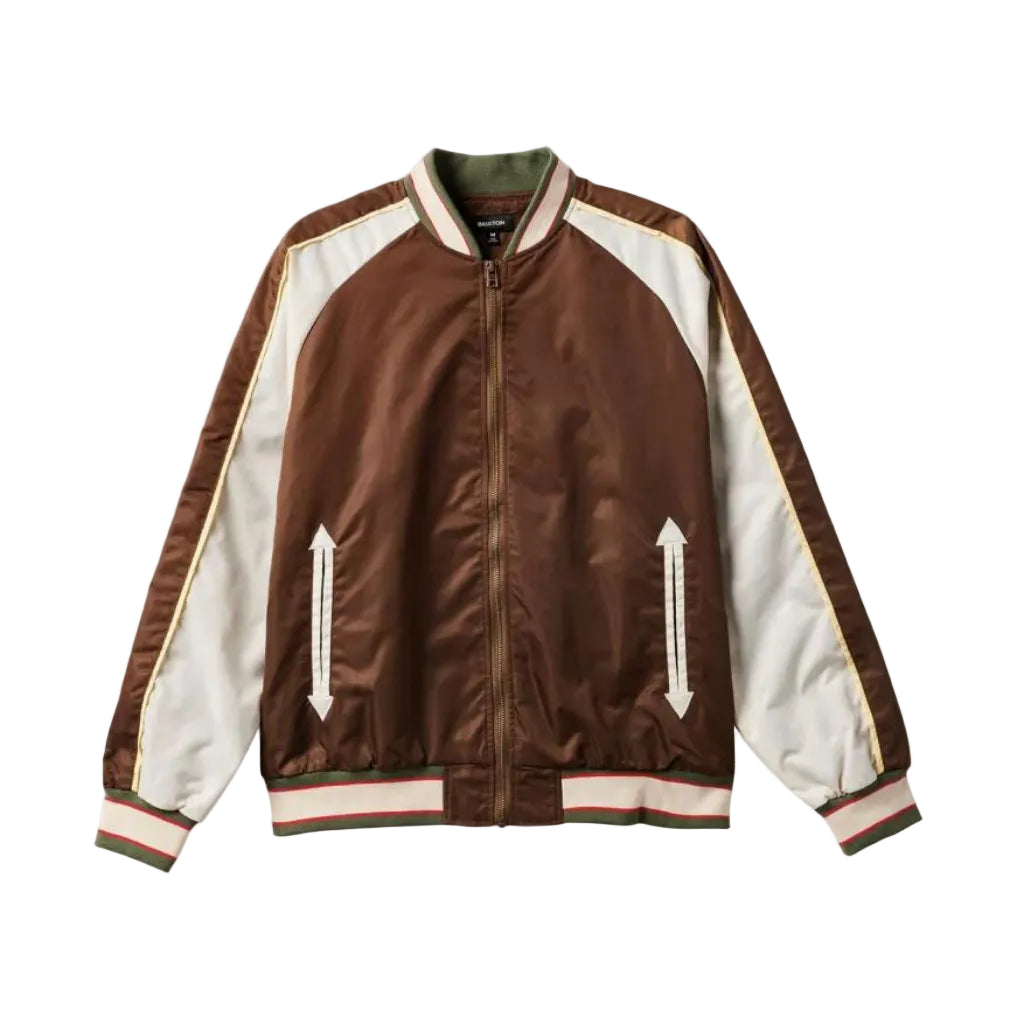 A Dillinger Souvenir Bomber Jacket in dark earth, whitecap, and olive colors with a front zipper, side pockets, and contrast piping.