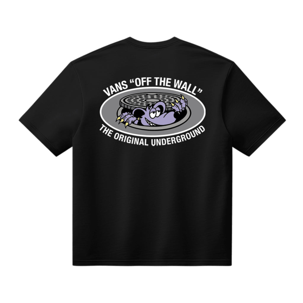 Black t-shirt with Vans 'Off The Wall' graphic on a white background