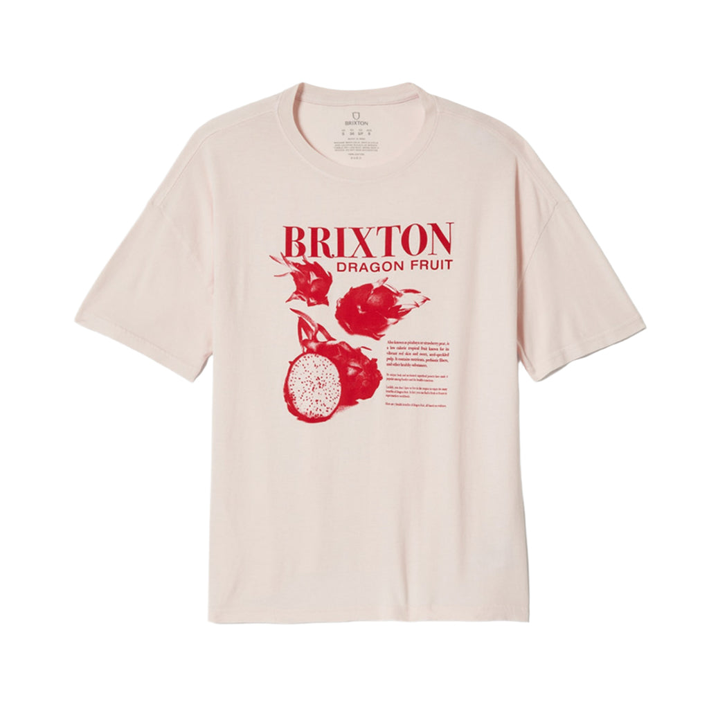 Beige t-shirt with red 'Brixton Dragon Fruit' graphic on a white background