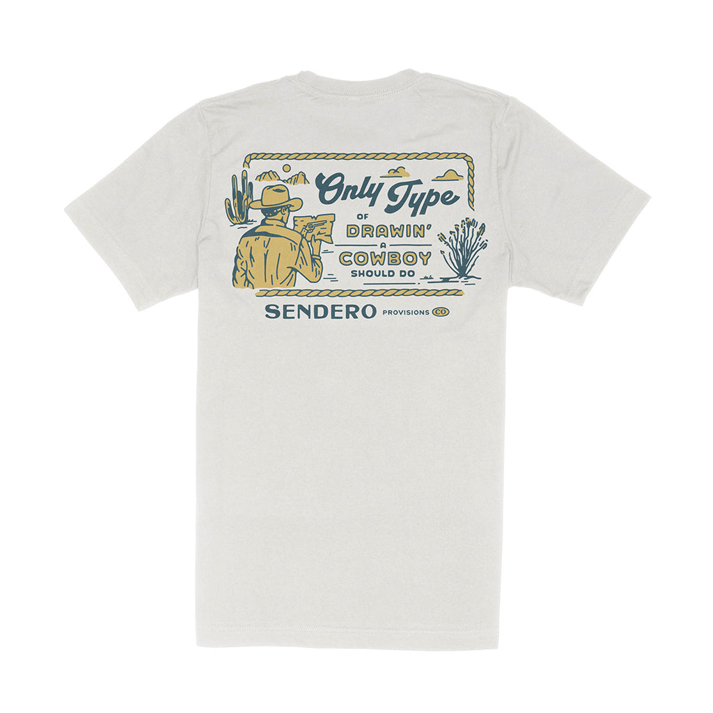 White t-shirt with a graphic design on the back featuring a cowboy and desert landscape, with 'Sendero' branding.