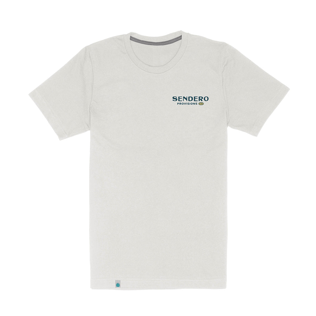 White t-shirt with 'Sendero' logo on a white background