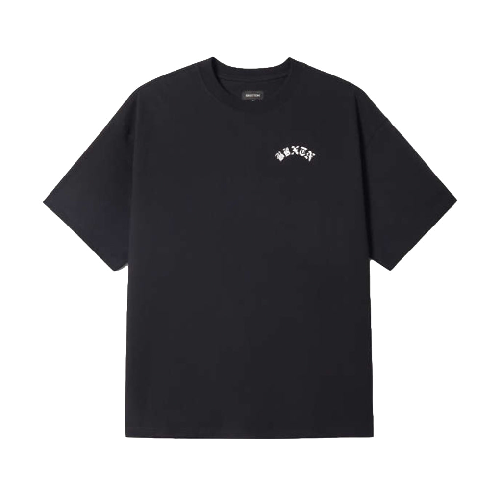 Black t-shirt with a logo on the chest against a white background