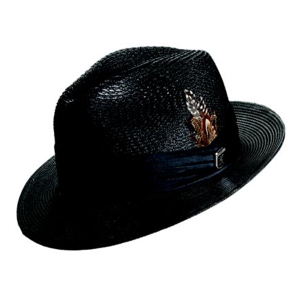 Black straw hat with a decorative emblem on a white background