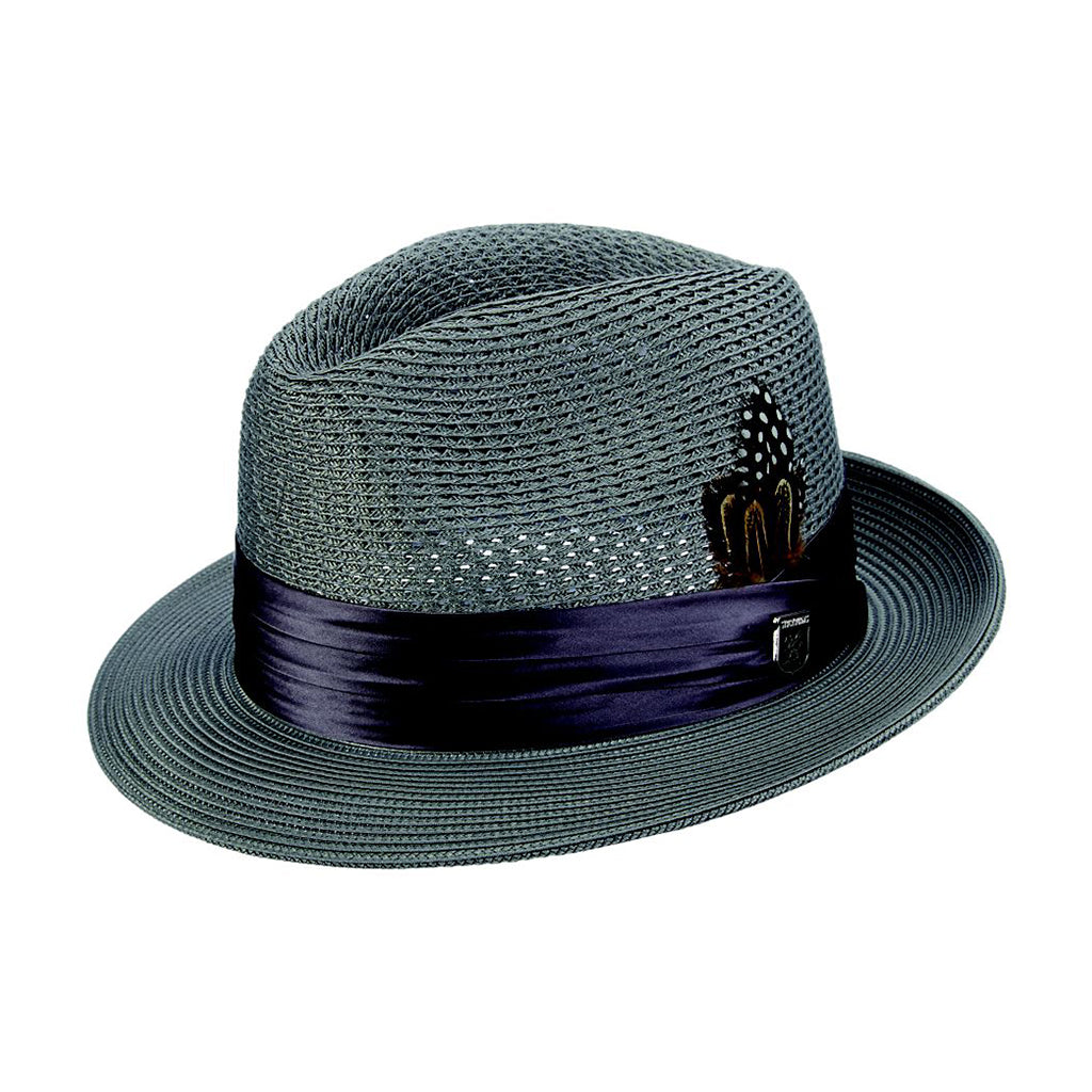 Green straw hat with a black band on a white background