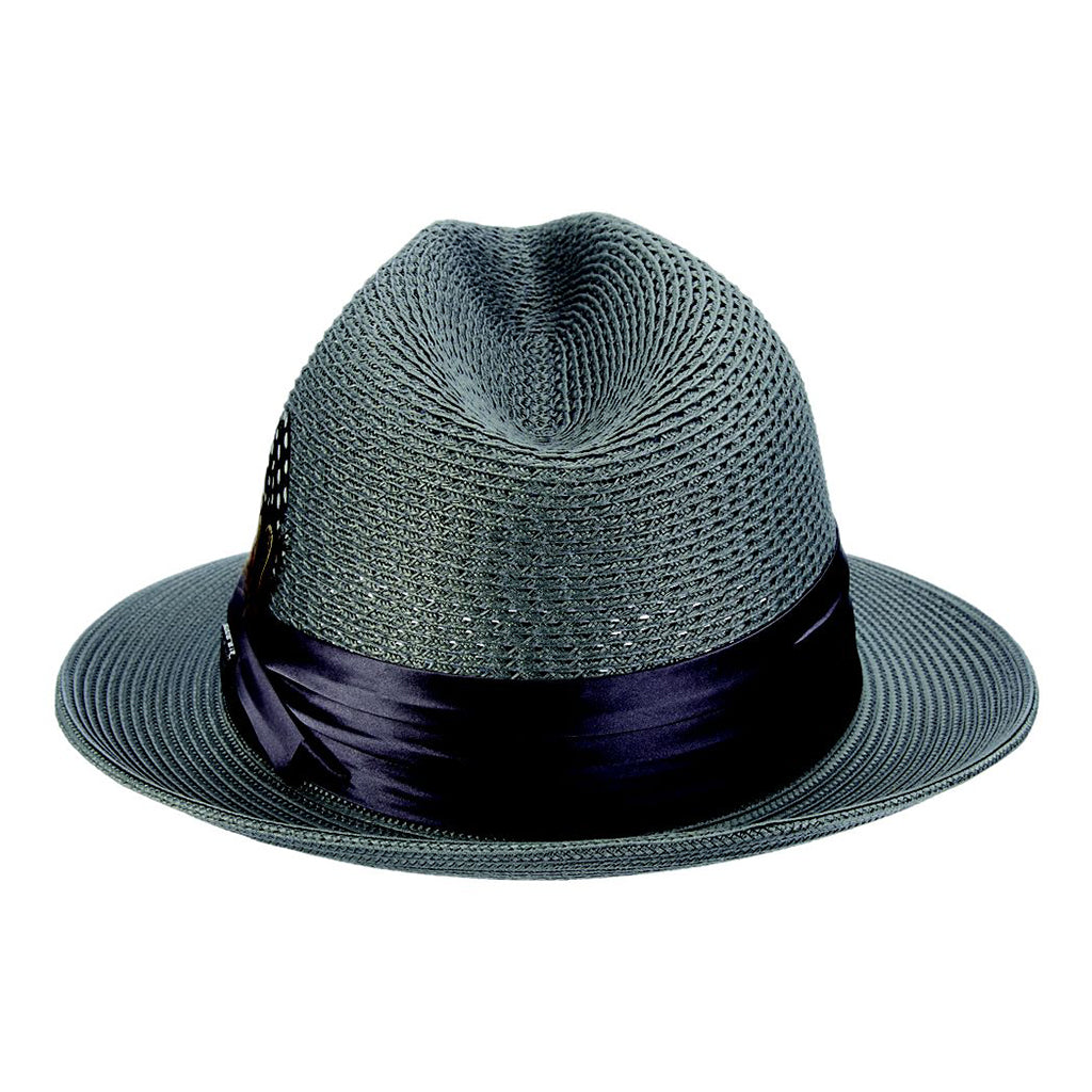 Gray straw hat with a black band on a white background