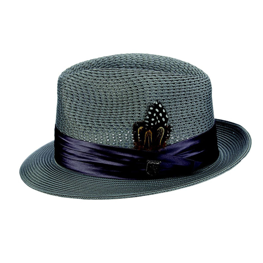 Gray straw hat with a purple ribbon and feather on a white background