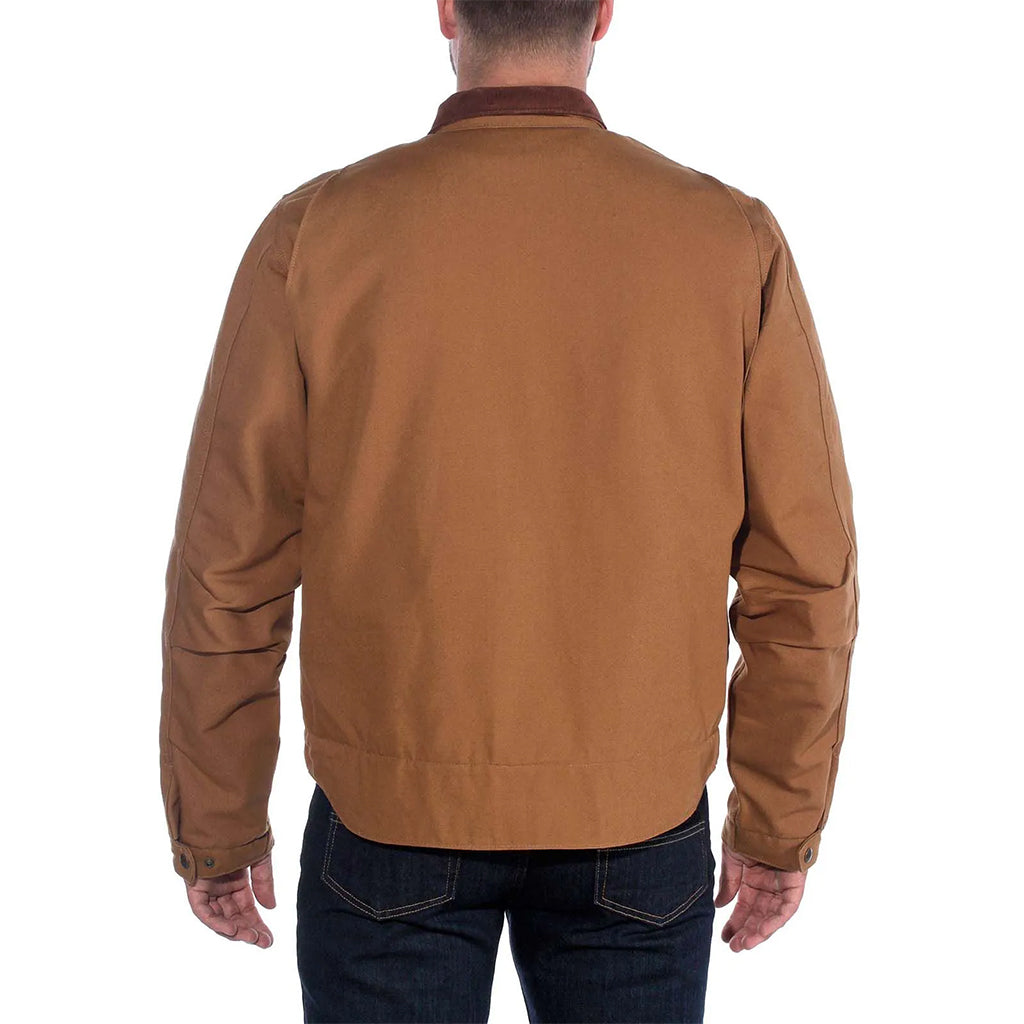 Brown jacket worn by a person on a white background