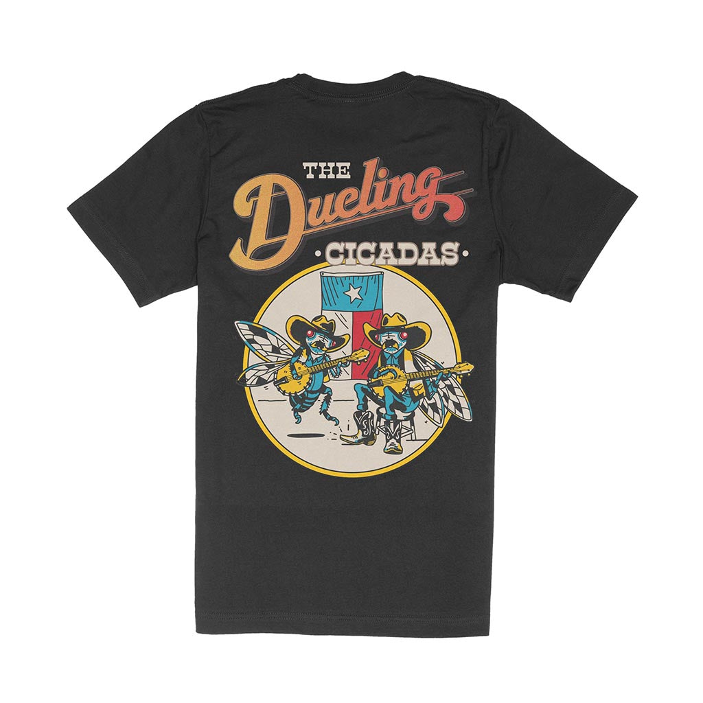 Black t-shirt with 'The Dueling Cicadas' graphic design on a white background