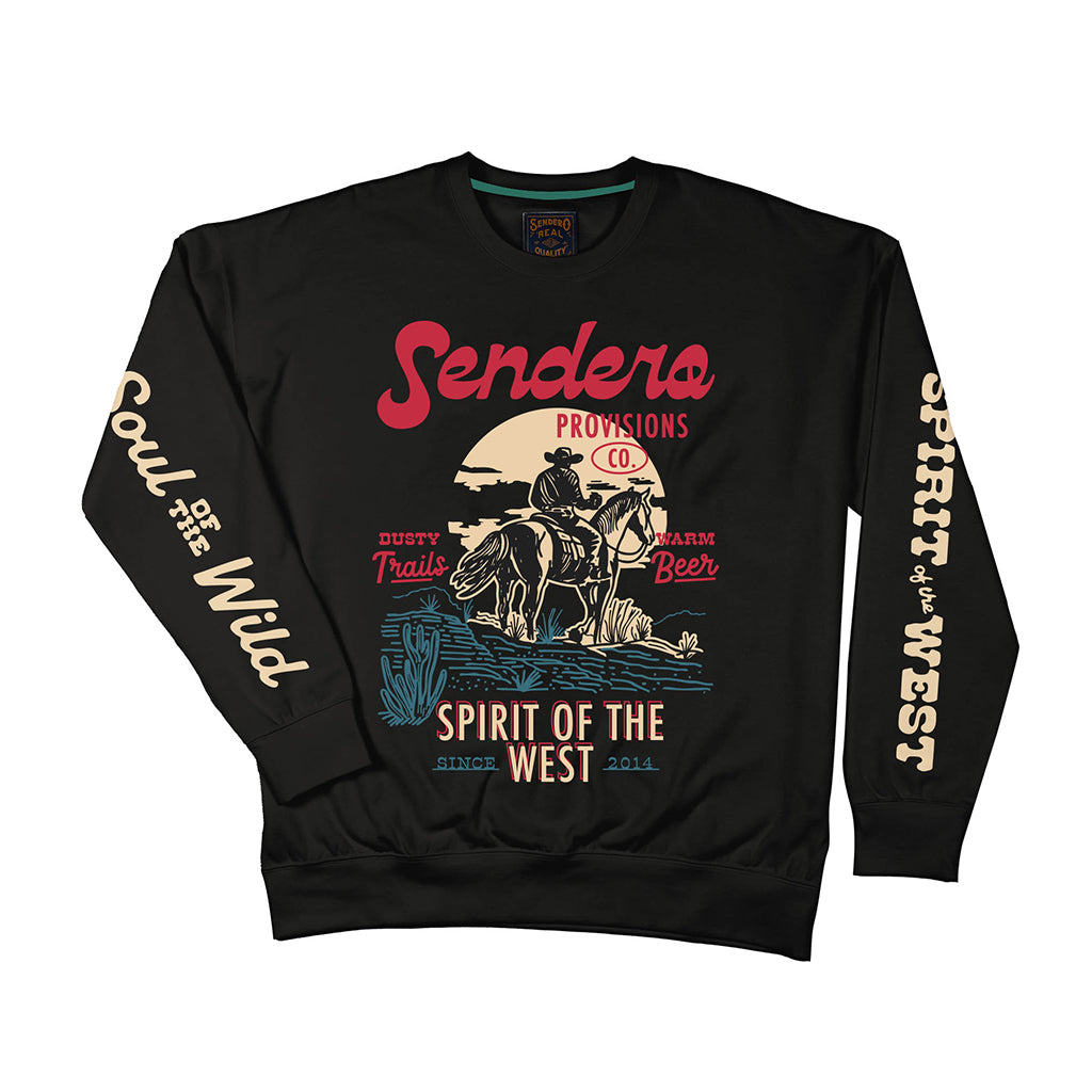 Black sweatshirt with western-themed graphics and text on a white background