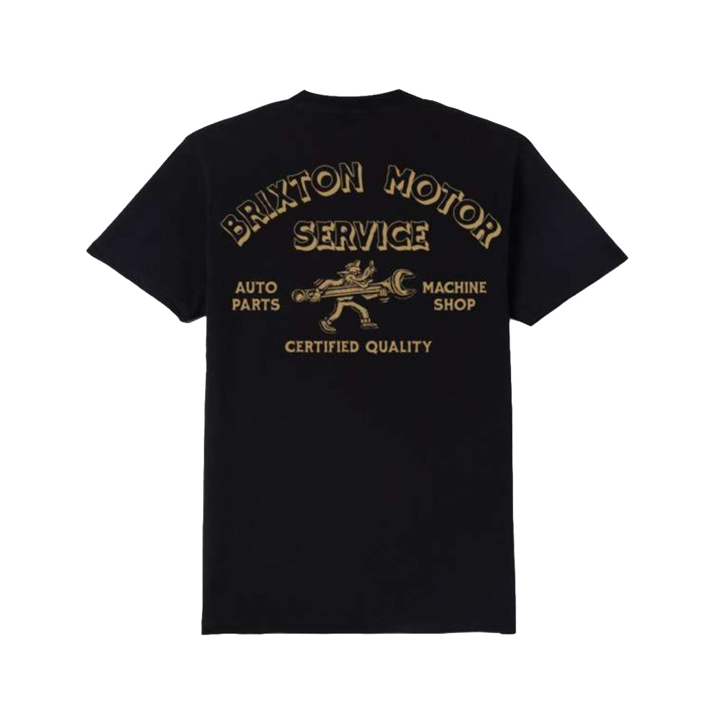 Black t-shirt with gold text and graphics on a white background