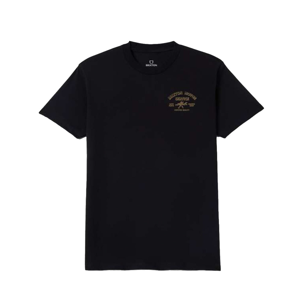 Black t-shirt with a small logo on a white background