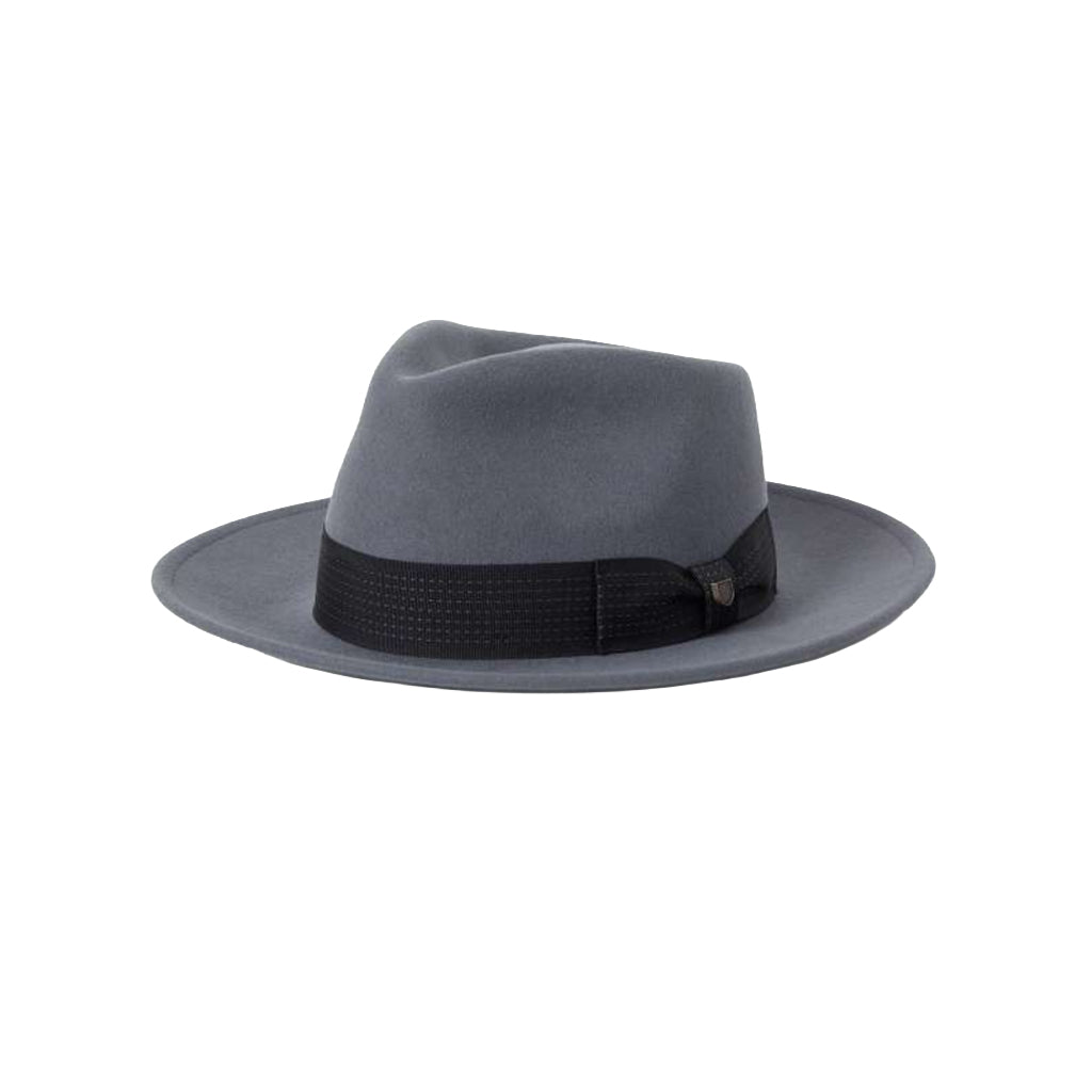 Gray fedora hat with a black band on a white background