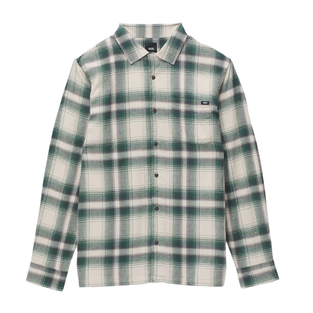 A long sleeve button-down shirt with a plaid pattern in beige, green, and black colors, featuring a left chest pocket.