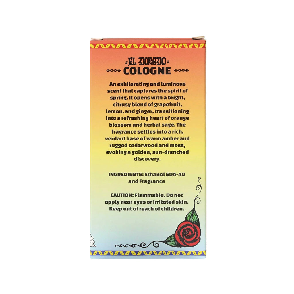 Cologne box with text and a rose design on a white background