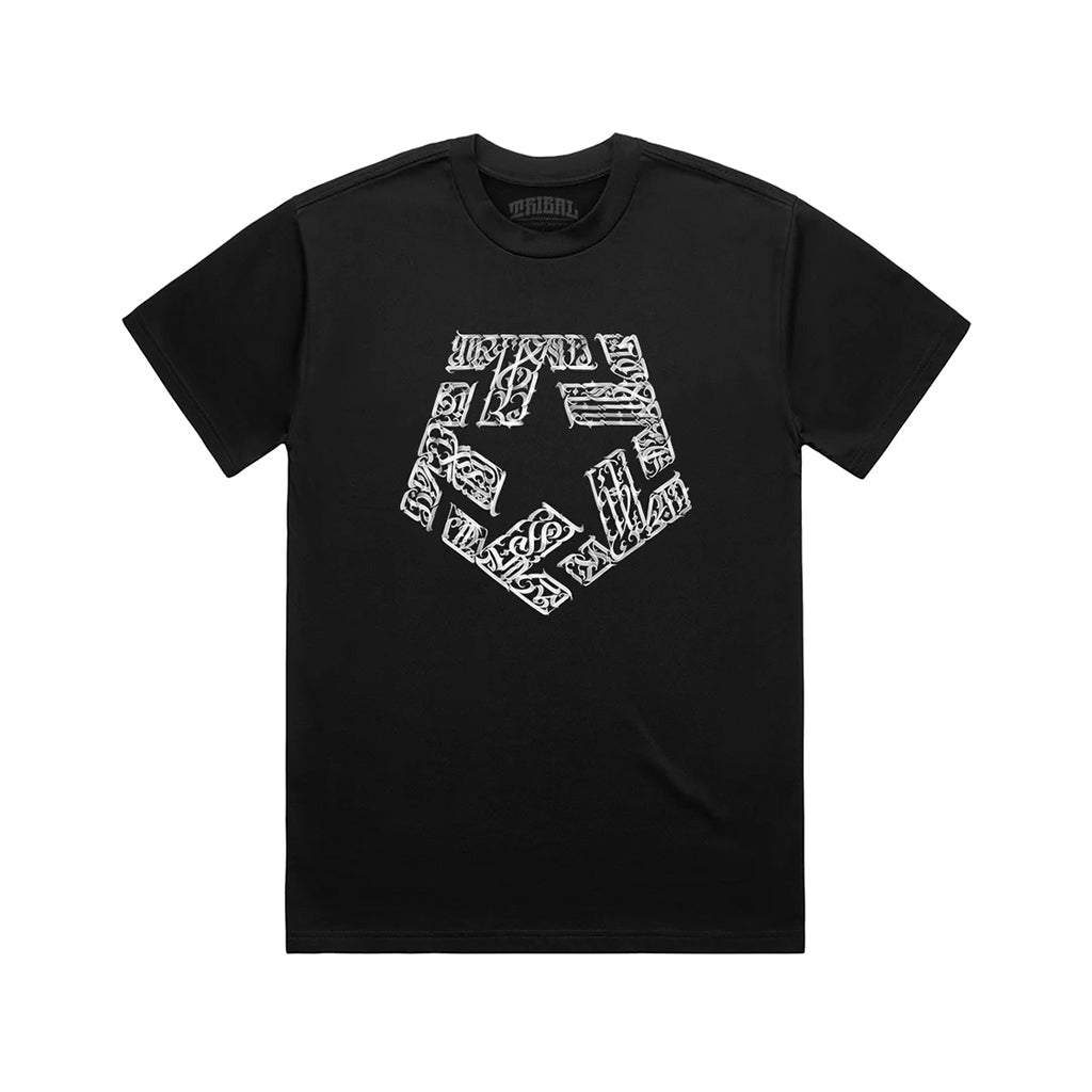 Black t-shirt with a white geometric design on a white background