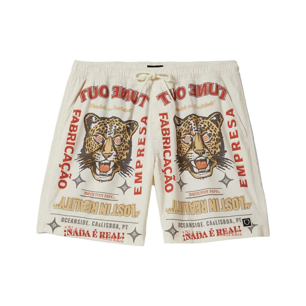 Beige shorts with leopard print and text on a white background