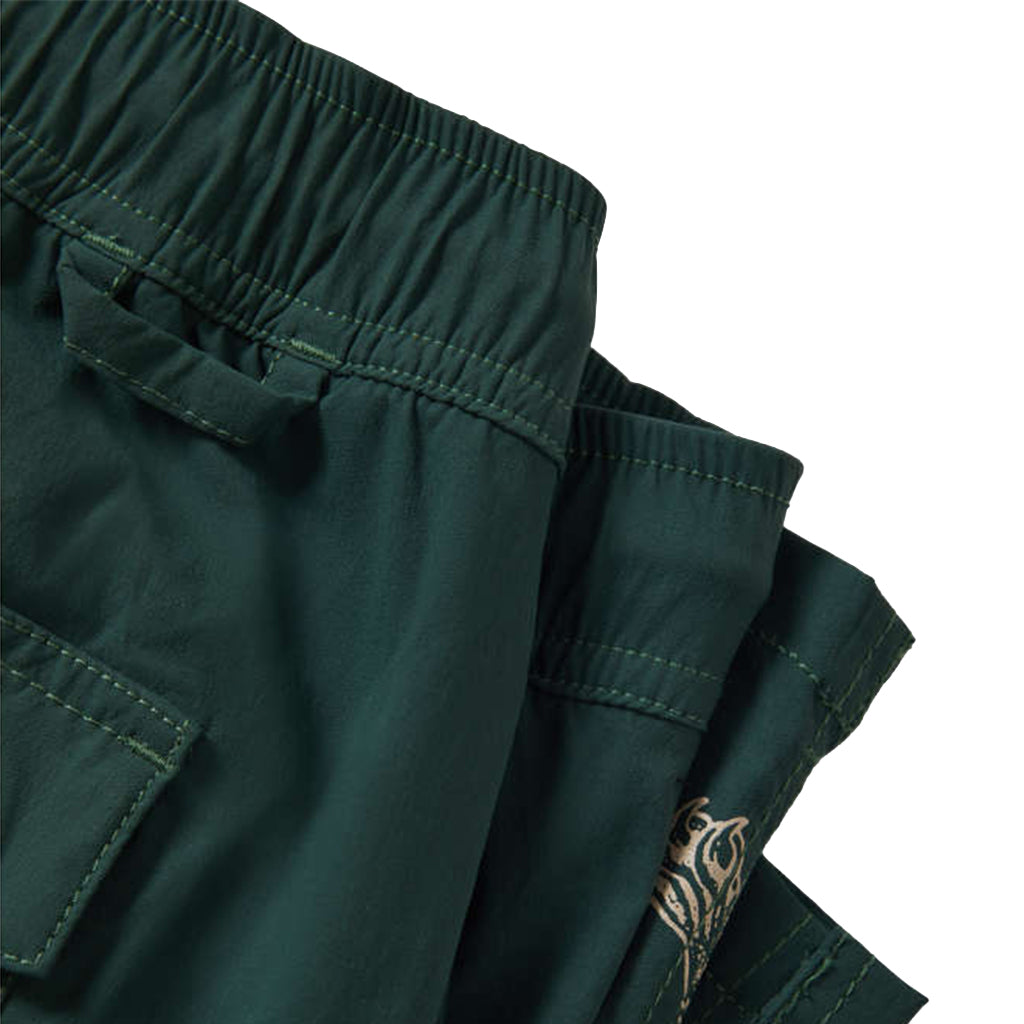 Dark green pants with a close-up of the waistband and pocket on a white background