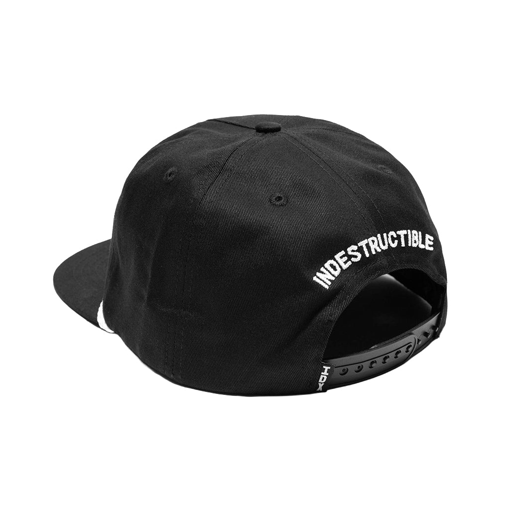 Black cap with 'Indestructible' text on a white background