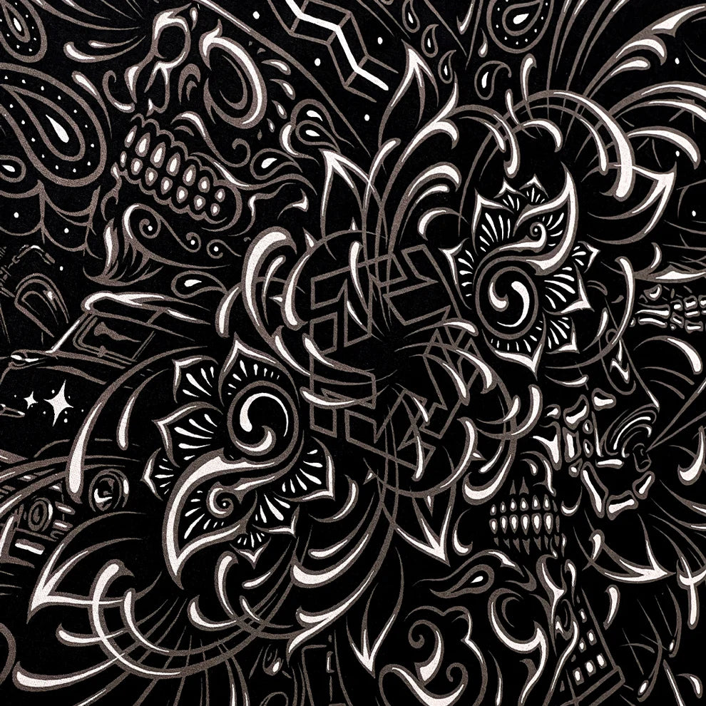 Black and white intricate skull design on a black background