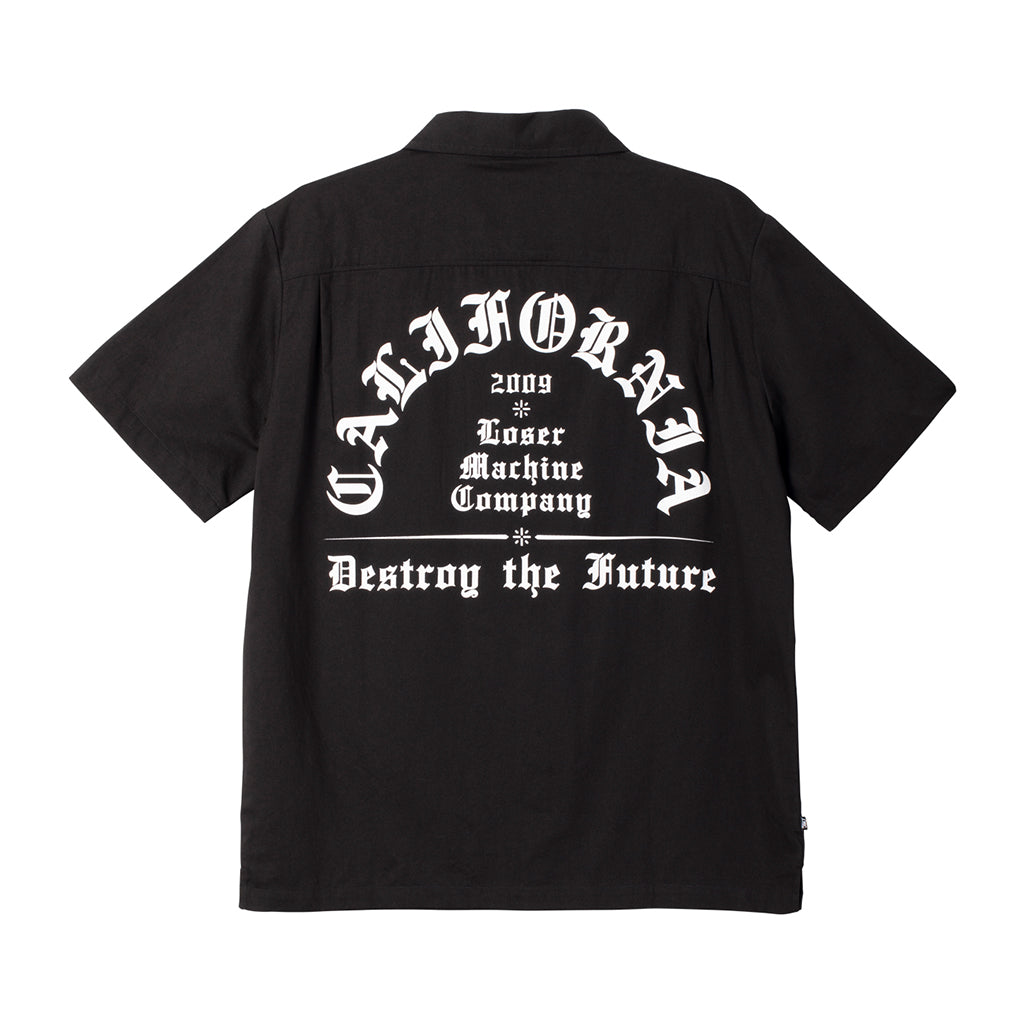 Black shirt with white text on the back on a white background