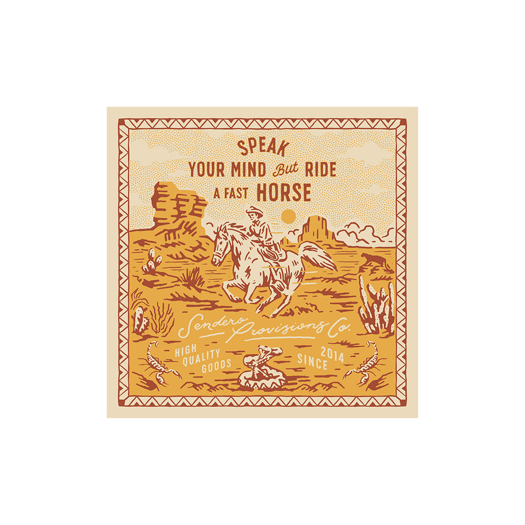 Product packaging with a horse and rider illustration and text on a beige background