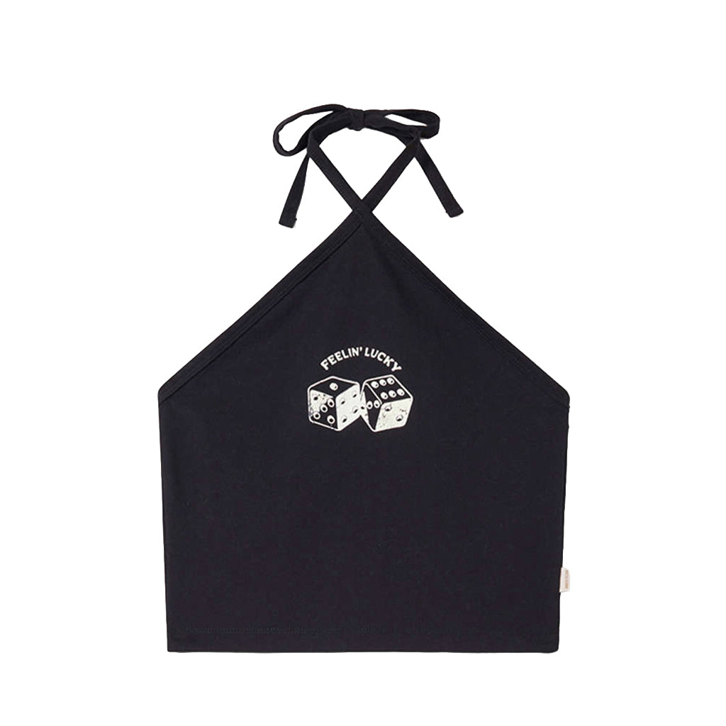 Black halter top with dice design and 'Feelin' Lucky' text on a white background