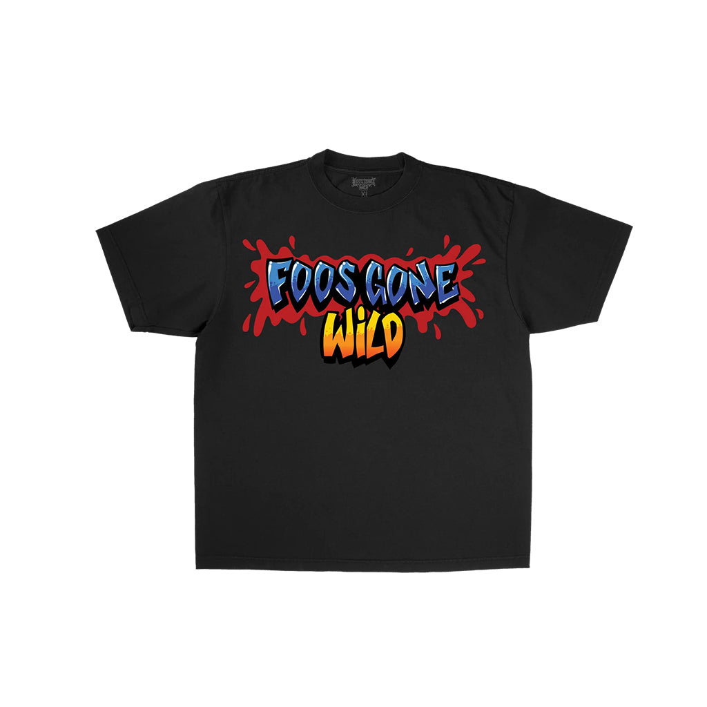 Black t-shirt with colorful 'FOOS GONE WILD' text design on a white background