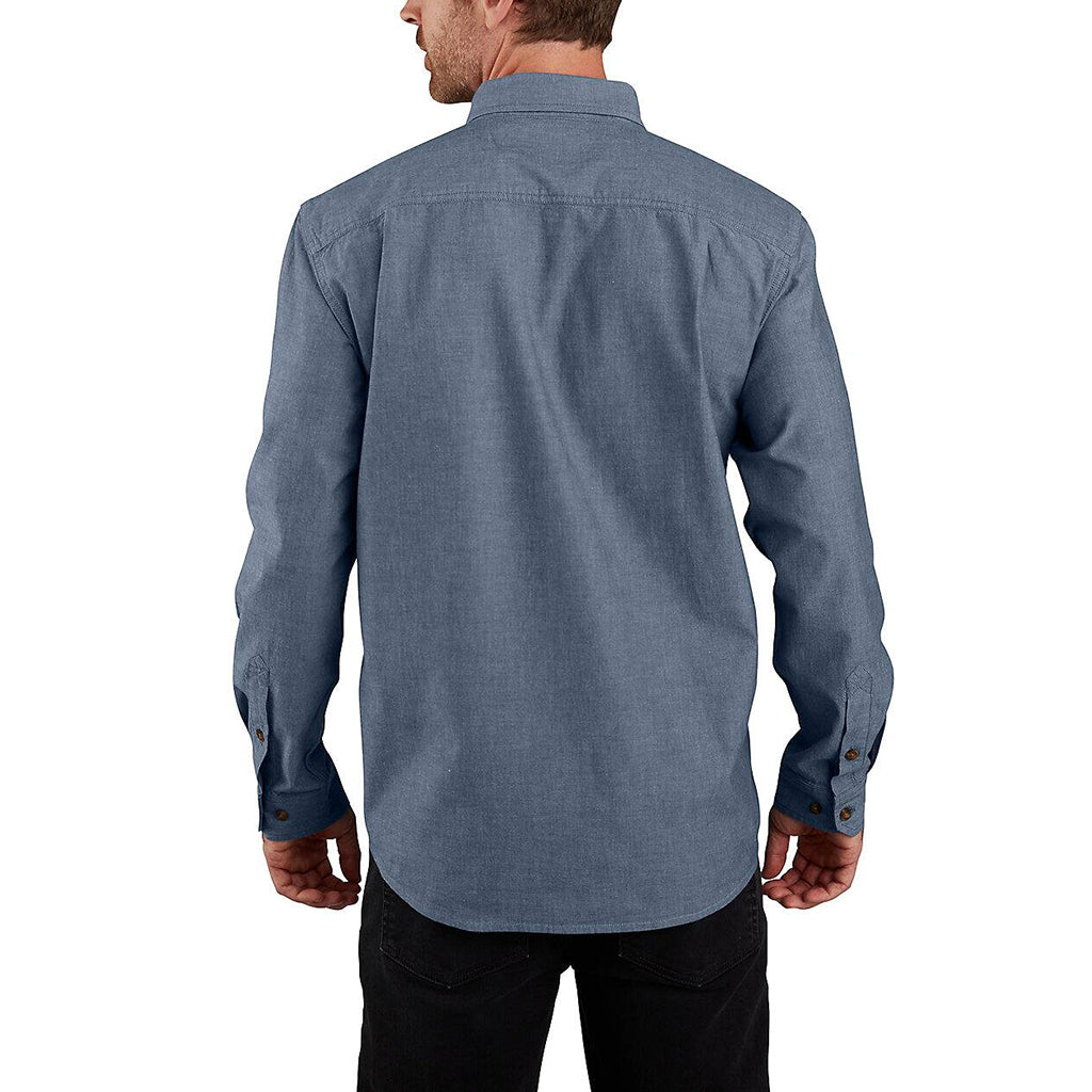 Man wearing a blue button-up shirt on a white background