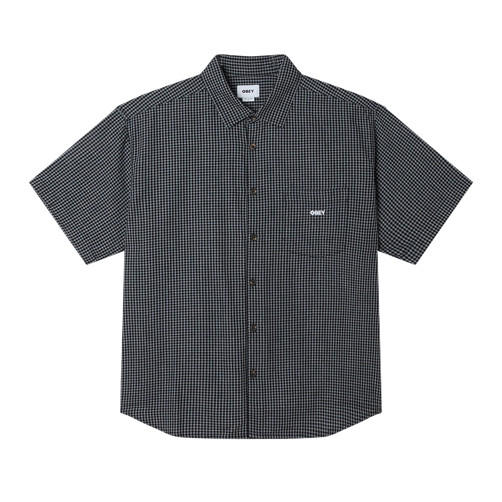 Black and white checkered short-sleeve shirt on a white background