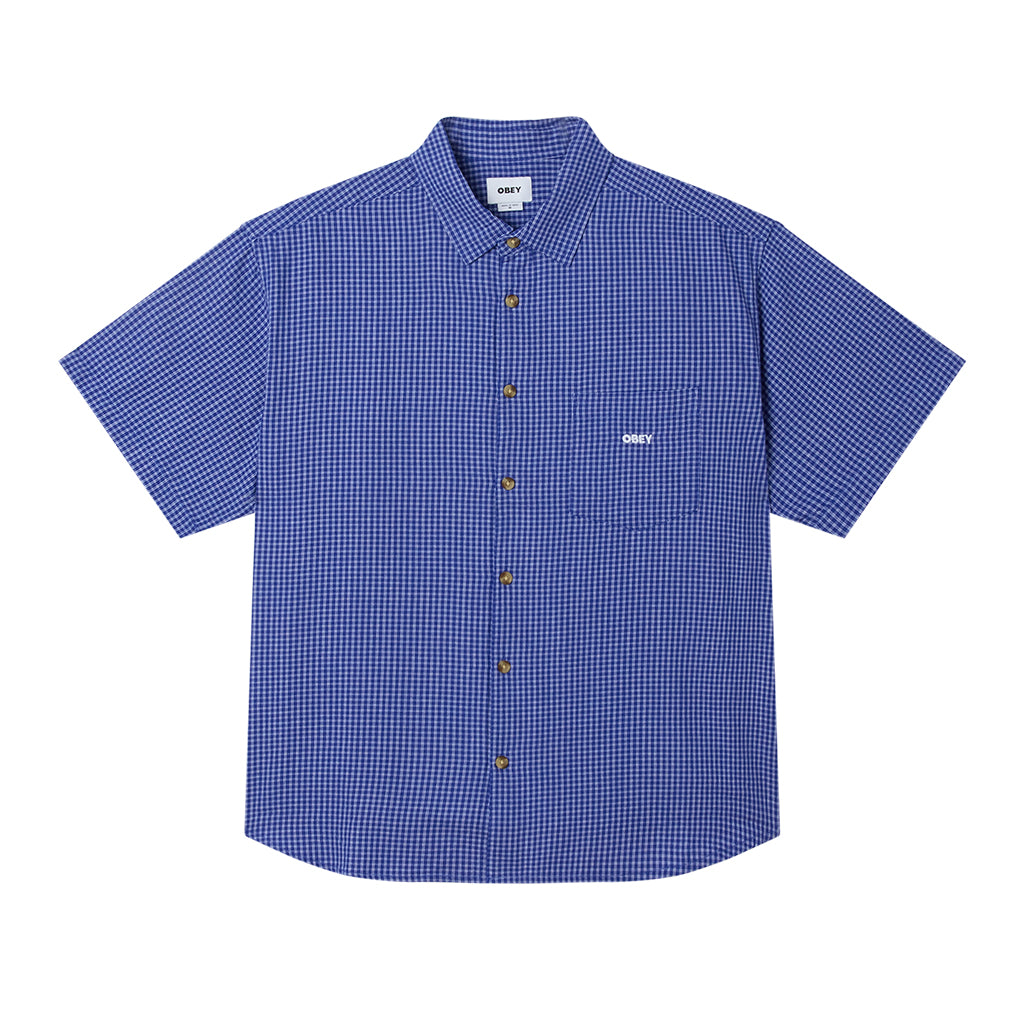 Blue checkered shirt with brand logo on a white background