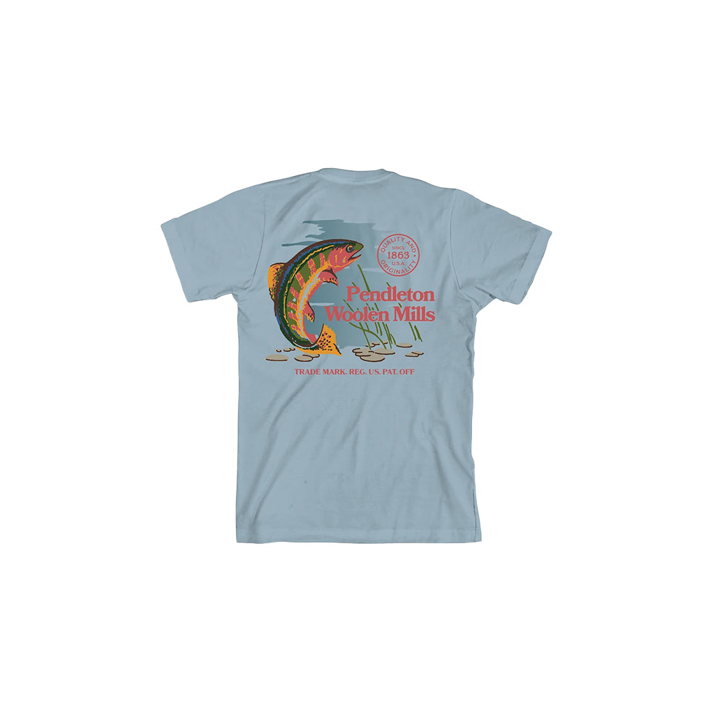Light blue t-shirt with a fish graphic and text on the back, on a white background