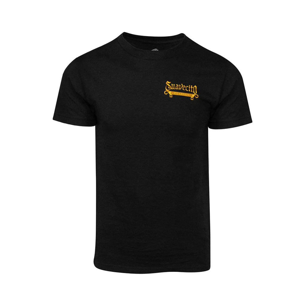 Black t-shirt with yellow logo on a white background