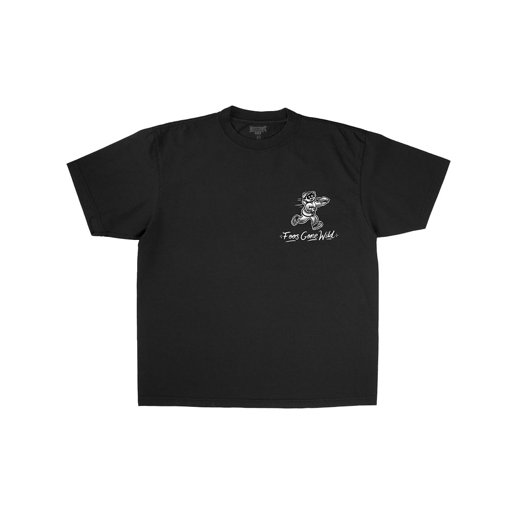 Black t-shirt with hamburgler type character on a white backdrop