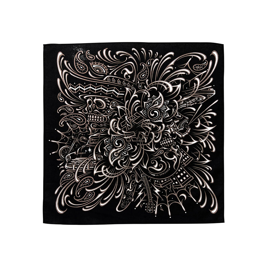 Black bandana with intricate white skull and tribal design on a white background