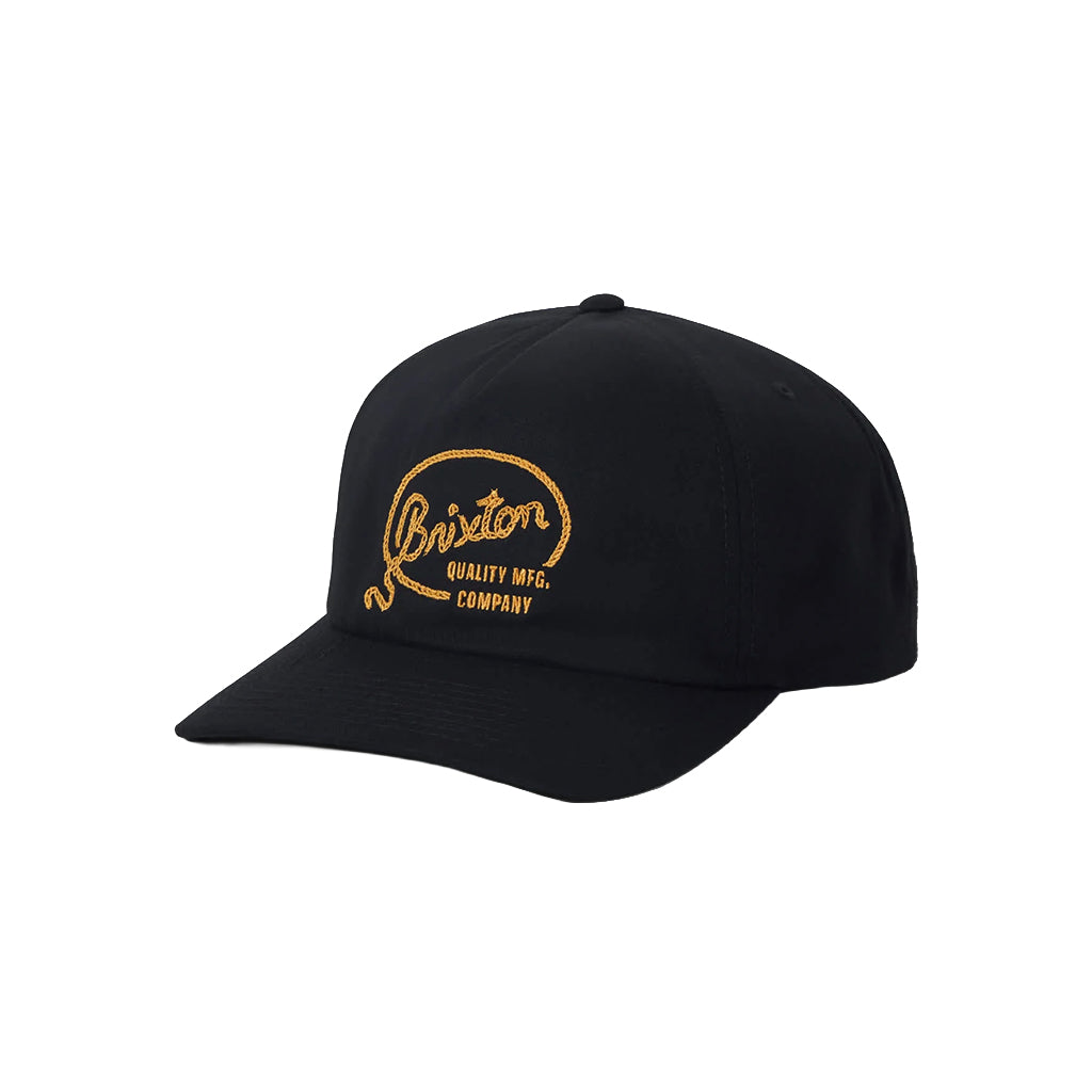 Black cap with gold logo on a white background