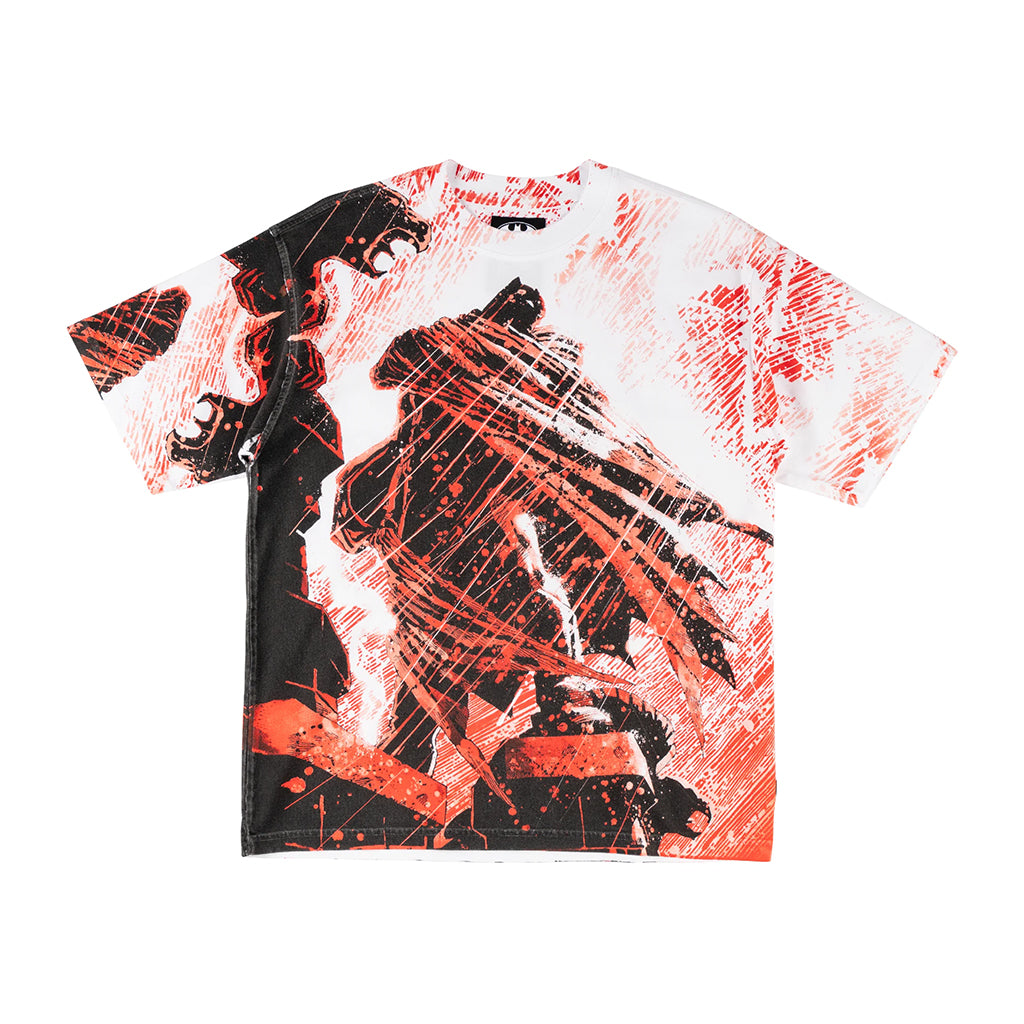 T-shirt with a graphic design of a bear in black and red on a white background