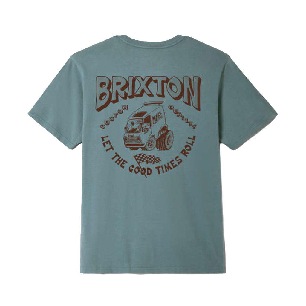 Light blue t-shirt with Brixton logo and text on the back