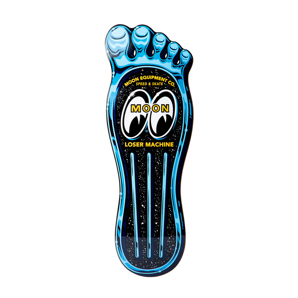 Blue and black foot-shaped object with 'Moon' branding on a white background