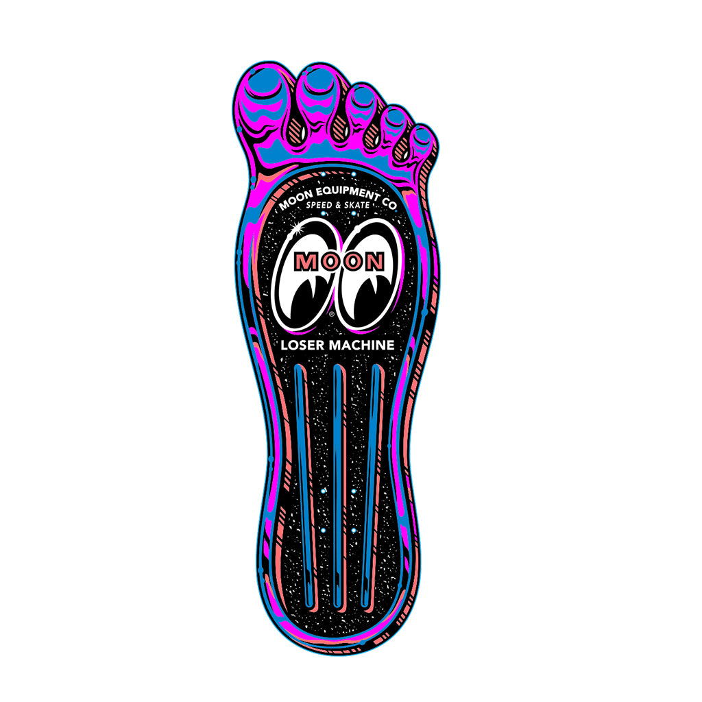 Colorful foot-shaped skateboard with 'Moon' branding on a white background