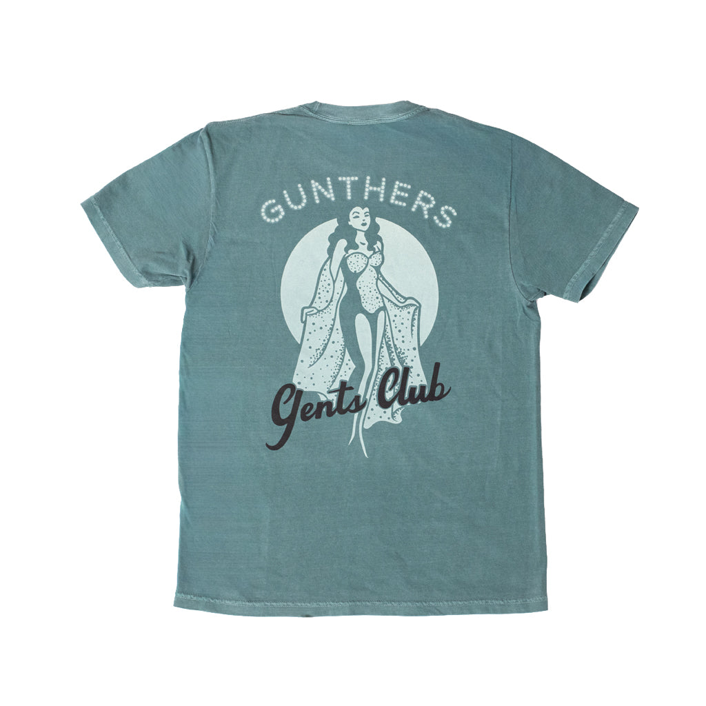Teal t-shirt with 'Gunter's Gents Club' graphic on a white background