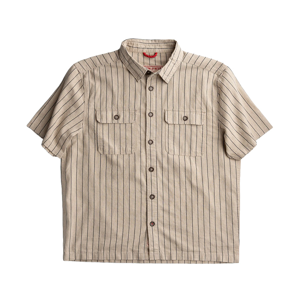 Beige and brown striped short-sleeve shirt on a white background
