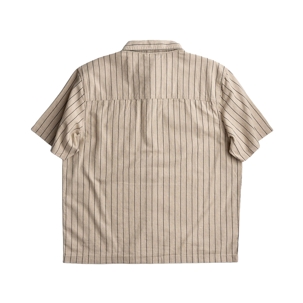 Beige and white striped short-sleeve shirt on a white background