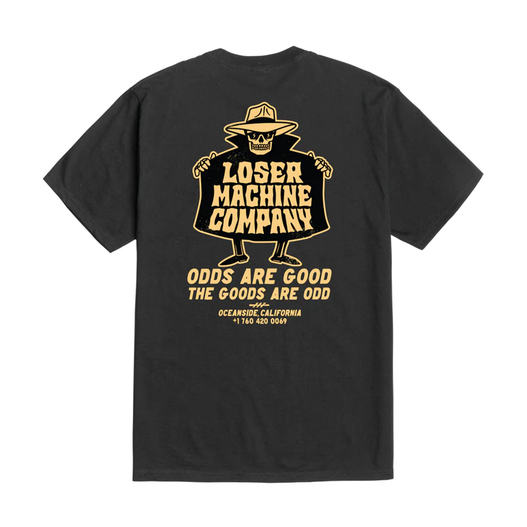 Black t-shirt with yellow graphic and text on a white background