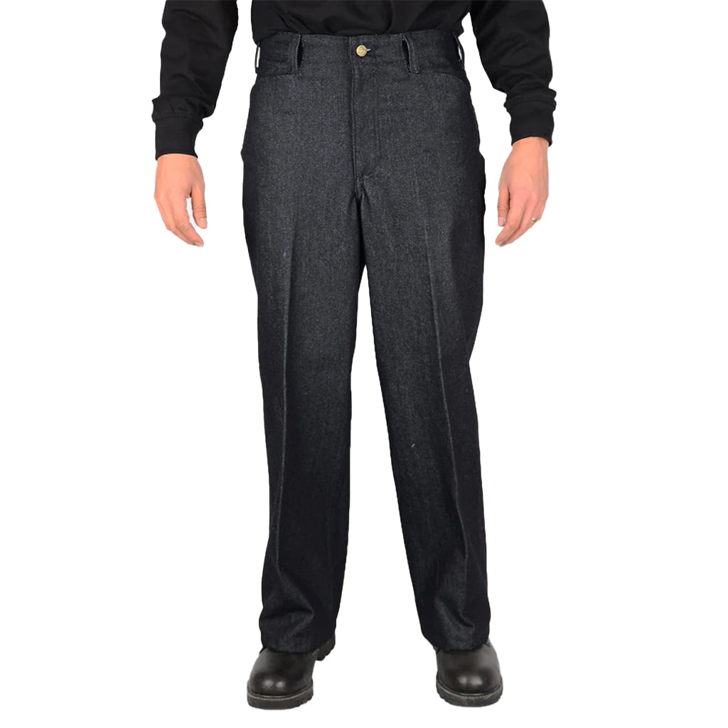 indigo denim pants worn by a person on a white background
