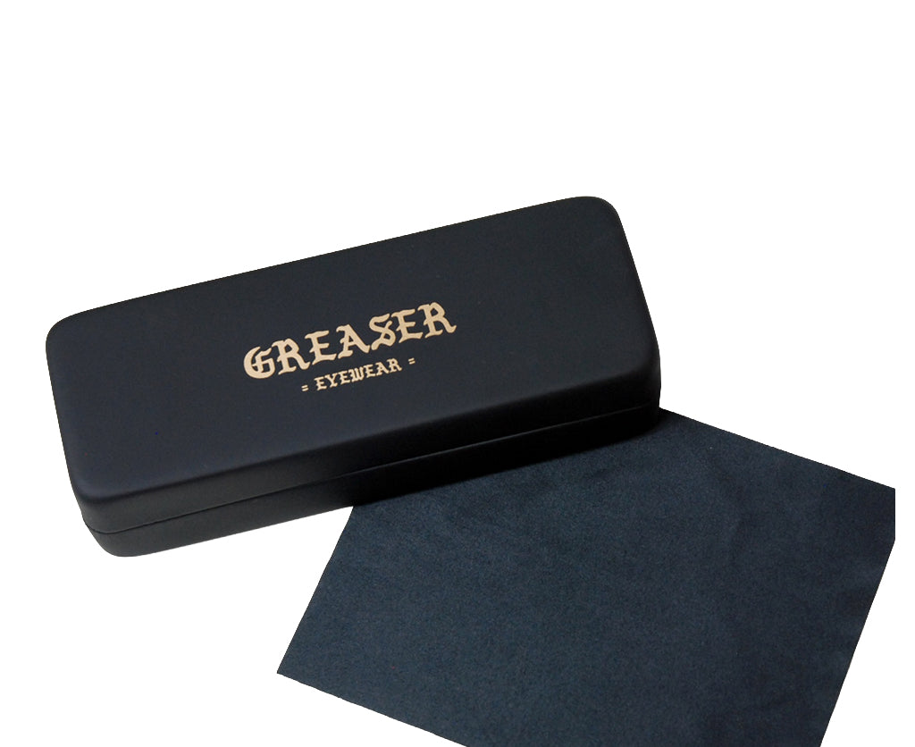 Black eyewear case with 'Greaser Eyewear' logo and a black cloth on a white background