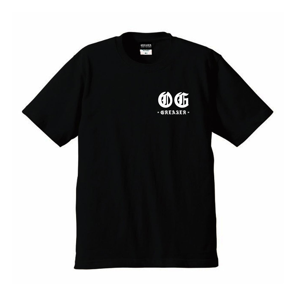Black t-shirt with 'OG Greaser' logo on a white background